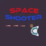 Một bối cảnh không gian với ba tàu vũ trụ và dòng chữ Space Shooter màu đỏ và xanh trên nền tối
