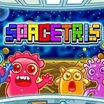 Các sinh vật ngoài hành tinh đầy màu sắc đang đứng trước cửa sổ không gian với chữ SPACETRIS nhiều màu sắc tỏa sáng phía trên
