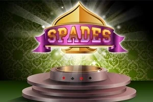 Logo hình chiếc khiên vàng với chữ SPADES màu tím trên nền hoa văn xanh lá cây