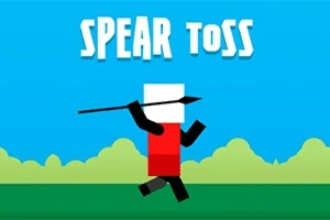 Nhân vật hình khối đang ném giáo trên nền xanh cùng dòng chữ SPEAR TOSS