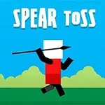 Nhân vật hình khối đang ném giáo trên nền xanh cùng dòng chữ SPEAR TOSS