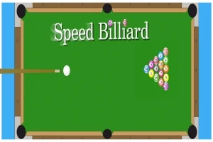 Bàn bi-a với dòng chữ Speed Billiard và các bi được sắp xếp theo hình tam giác