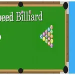 Bàn bi-a với dòng chữ Speed Billiard và các bi được sắp xếp theo hình tam giác