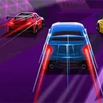 Ba chiếc xe đua thể thao nhiều màu sắc với đèn phát sáng đang lao nhanh trên đường đua màu tím