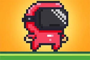Nhân vật pixel màu đỏ với mũ bảo hiểm lớn trên nền màu cam