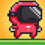 Nhân vật pixel màu đỏ với mũ bảo hiểm lớn trên nền màu cam