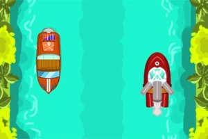 Hai chiếc thuyền, một màu đỏ và một màu cam, đang di chuyển trên một dòng sông với cây cối xanh tươi hai bên