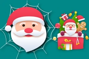 Hình ảnh ông già Noel với nón đỏ, mặt râu trắng trên nền mạng nhện, cùng một hộp quà Giáng Sinh có cây thông và bánh gừng bên cạnh