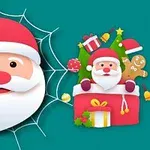 Hình ảnh ông già Noel với nón đỏ, mặt râu trắng trên nền mạng nhện, cùng một hộp quà Giáng Sinh có cây thông và bánh gừng bên cạnh