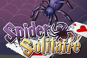 Hình ảnh có một con nhện màu xanh đậm phía trên dòng chữ cách điệu Spider Solitaire và một bộ bài ở góc dưới