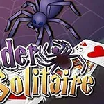 Hình ảnh có một con nhện màu xanh đậm phía trên dòng chữ cách điệu Spider Solitaire và một bộ bài ở góc dưới