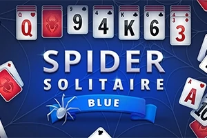 Hình ảnh hiển thị các lá bài xếp thành hàng với chữ SPIDER SOLITAIRE BLUE trên nền màu xanh cùng hình ảnh con nhện