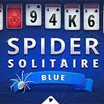 Hình ảnh hiển thị các lá bài xếp thành hàng với chữ SPIDER SOLITAIRE BLUE trên nền màu xanh cùng hình ảnh con nhện