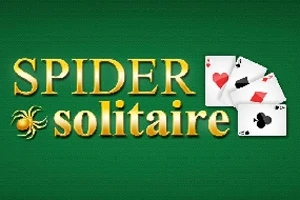 Chữ Spider Solitaire màu vàng trên nền xanh, kèm theo biểu tượng con nhện và ba quân bài