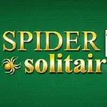 Chữ Spider Solitaire màu vàng trên nền xanh, kèm theo biểu tượng con nhện và ba quân bài