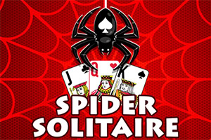 Một con nhện đen treo trên mạng nhện đỏ với hai lá bài đen và dòng chữ Spider Solitaire