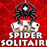 Một con nhện đen treo trên mạng nhện đỏ với hai lá bài đen và dòng chữ Spider Solitaire