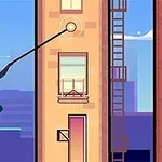 Nhân vật mặc trang phục siêu anh hùng đang bay giữa hai tòa nhà cao tầng bằng dây leo, với một người đứng bên cửa sổ trong tòa nhà