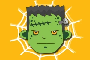 Hình vẽ mặt nhân vật quái vật Frankenstein màu xanh lá với nền màu vàng và mạng nhện phía sau