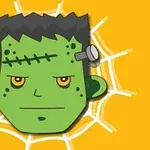 Hình vẽ mặt nhân vật quái vật Frankenstein màu xanh lá với nền màu vàng và mạng nhện phía sau