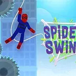 Nhân vật mặc trang phục siêu anh hùng đỏ và xanh đang đu dây qua lưỡi cưa, với chữ SPIDEY SWING ở trung tâm nền trời xanh
