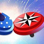 Hai con quay màu sắc rực rỡ với một bên có hoa văn cờ Mỹ và bên kia có ngôi sao đen trên nền đỏ, trên nền ánh sáng lấp lánh
