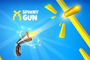 Hình ảnh khẩu súng đang bắn viên đạn màu vàng trên nền xanh dương, với chữ Spinny Gun phía trên