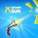 Hình ảnh khẩu súng đang bắn viên đạn màu vàng trên nền xanh dương, với chữ Spinny Gun phía trên