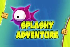 Sinh vật có mắt to màu tím trên nền xanh nước biển với dòng chữ Splashy Adventure nổi bật