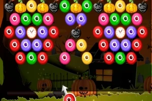Các quả bóng nhiều màu sắc, bí ngô và mặt nạ ma quái trên nền cảnh đêm Halloween