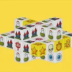 Khối lập phương xếp chồng với các biểu tượng như lâu đài, lọ thuốc, đầu lâu, mắt, ngôi sao và biểu tượng nhân đôi trên nền vàng