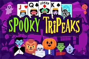 Thiết kế đồ họa với các nhân vật Halloween như ma, xác ướp, ma cà rồng, bí ngô, và các quân bài ở trên nền tím với chữ Spooky TriPeaks