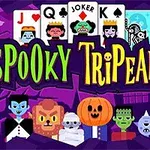 Thiết kế đồ họa với các nhân vật Halloween như ma, xác ướp, ma cà rồng, bí ngô, và các quân bài ở trên nền tím với chữ Spooky TriPeaks