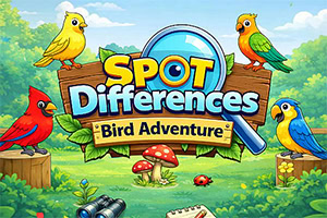 Bìa minh họa hoạt hình với ba chú chim đầy màu sắc, kính lúp lớn và bảng chữ Spot Differences Bird Adventure giữa khu rừng xanh