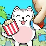 Mèo hoạt hình vui vẻ cầm bỏng ngô và bóng trên bãi biển với nhiều mèo khác và cây dừa xung quanh