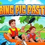 Hai người đang chèo thuyền kayak trên dòng sông xanh trong khung cảnh thiên nhiên với bầu trời xanh và cây cối xung quanh