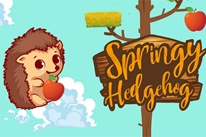 Nhím dễ thương cầm một quả táo đỏ, bên cạnh là bảng gỗ với chữ “Springy Hedgehog”, trên nền bầu trời xanh có mây và cây