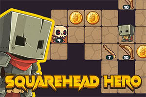 Nhân vật đội mũ sắt đầu vuông cầm kiếm và khiên đứng cạnh dòng chữ SQUAREHEAD HERO, nền là mê cung ô vuông với đầu lâu, khối đá và đồng xu vàng