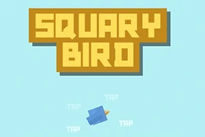 Hình ảnh có nền xanh nhạt với chữ SQUARY BIRD màu vàng phía trên và một chú chim hình khối màu xanh ở giữa