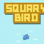 Hình ảnh có nền xanh nhạt với chữ SQUARY BIRD màu vàng phía trên và một chú chim hình khối màu xanh ở giữa