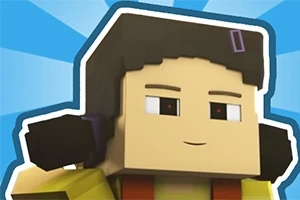 Nhân vật phong cách pixel với mái tóc đen và khuôn mặt mỉm cười trên nền xanh