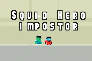 Hai nhân vật dạng pixel đứng dưới dòng chữ lớn Squid Hero Impostor trên nền màu sáng