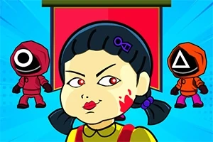 Hình minh họa một búp bê hoạt hình với khuôn mặt nghiêm nghị và máu trên má, phía sau là hai nhân vật mặc đồ bảo hộ màu đỏ và cam với các biểu tượng tròn và tam giác trên mặt nạ