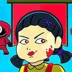 Hình minh họa một búp bê hoạt hình với khuôn mặt nghiêm nghị và máu trên má, phía sau là hai nhân vật mặc đồ bảo hộ màu đỏ và cam với các biểu tượng tròn và tam giác trên mặt nạ