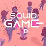 Nhóm nhân vật hoạt hình đang chạy trên nền cát màu hồng với chữ Squid Game 3D nổi bật ở giữa