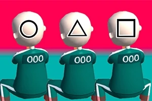 Ba nhân vật ngồi quay lưng, đầu trọc, mặc đồng phục xanh với số 000, có các hình tròn, tam giác và vuông trên mặt, trên nền hồng-xanh