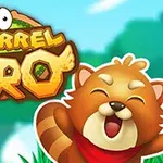 Một chú sóc đỏ dễ thương đang cười vui vẻ cạnh logo lớn màu vàng với nền rừng xanh