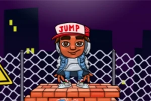 Một nhân vật hoạt hình đội mũ lưỡi trai đỏ có chữ JUMP, mặc áo khoác xanh và quần thể thao, đứng trên một bệ gạch, nền là hàng rào mắt cáo và các tòa nhà thành phố trong đêm