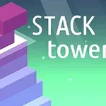 Khối hình vuông màu tím được xếp chồng lên nhau trên nền màu xanh lục, bên cạnh chữ STACK tower