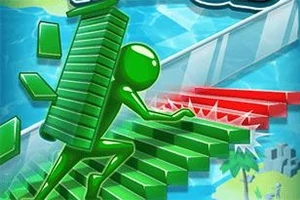 Hình ảnh một nhân vật màu xanh lá cây đang mang một chồng khối vuông, bước đi trên những bậc thang nhiều màu sắc